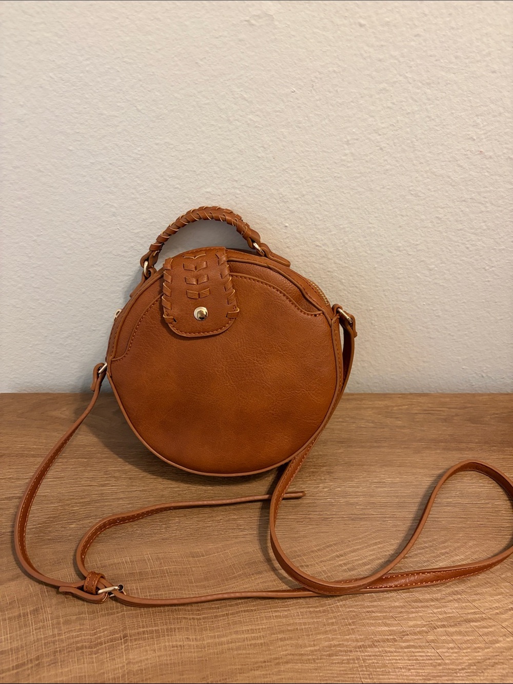 Sole Society Round Braided-Handle Crossbody in Cognac